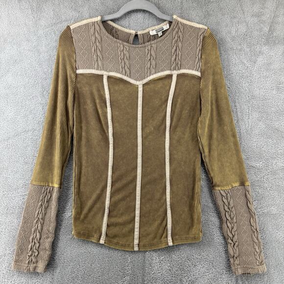 Gimnicks by BKE Thermal Top S Mustard Rib Cable Knit Crew Neck Key Hole Stretch - Picture 1 of 13